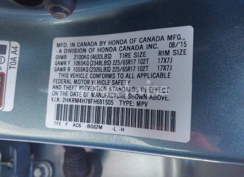 Photo 9 of 2015 Honda Cr-v EX-L (VIN 2HKRM4H78FH691505)