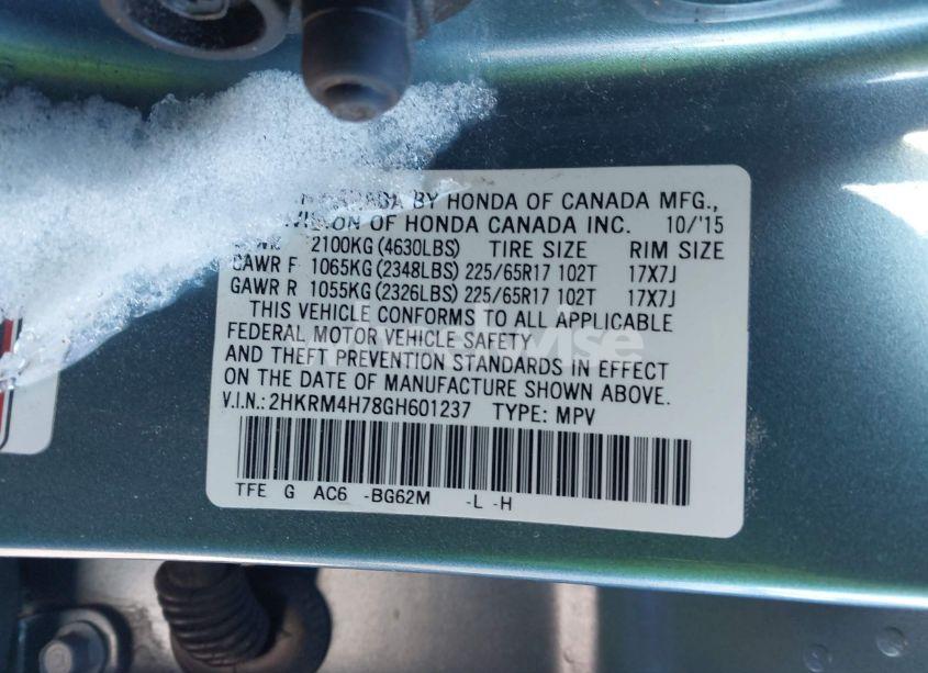 Photo 9 of 2016 Honda Cr-v EX-L (VIN 2HKRM4H78GH601237)