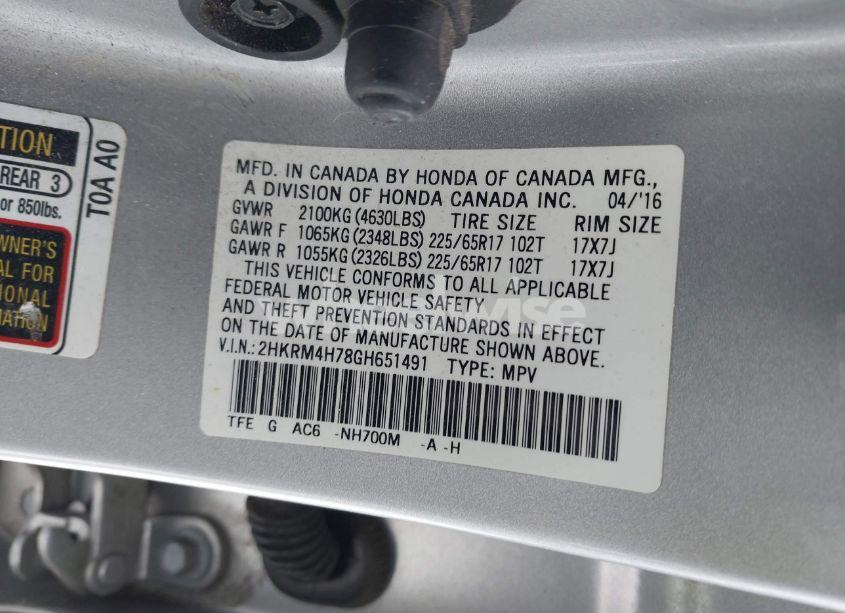 Photo 9 of 2016 Honda Cr-v EX-L (VIN 2HKRM4H78GH651491)