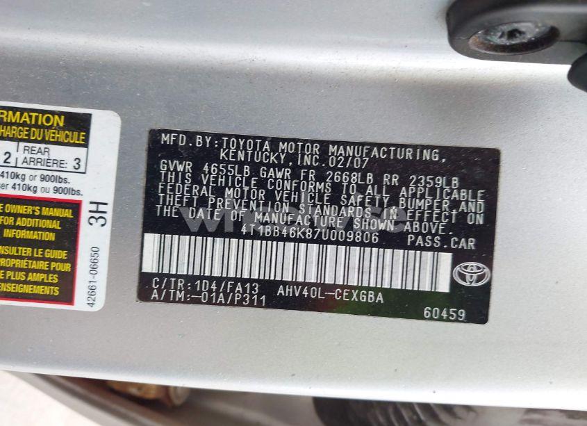 Photo 9 of 2007 Toyota Camry HYBRID (VIN 2HKRM4H79FH******)