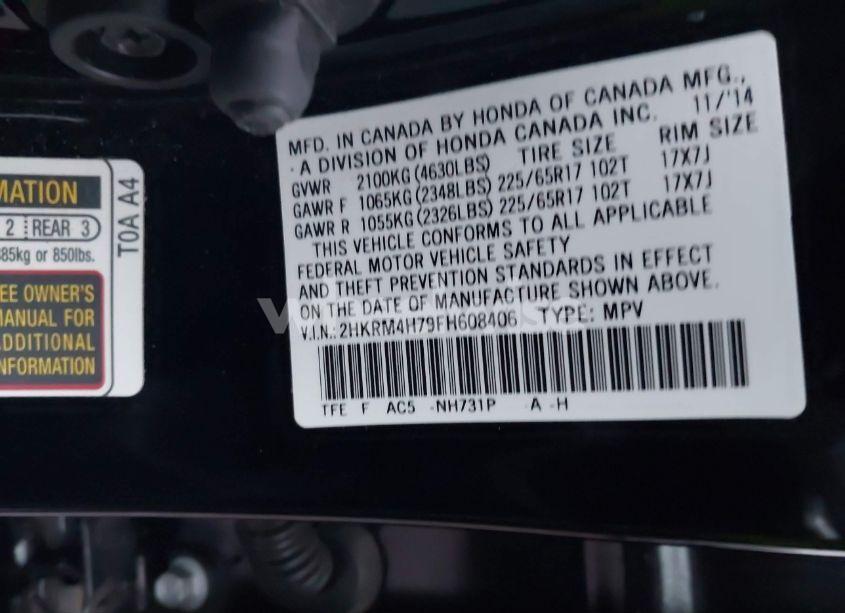 Photo 9 of 2015 Honda Cr-v EX-L (VIN 2HKRM4H79FH608406)