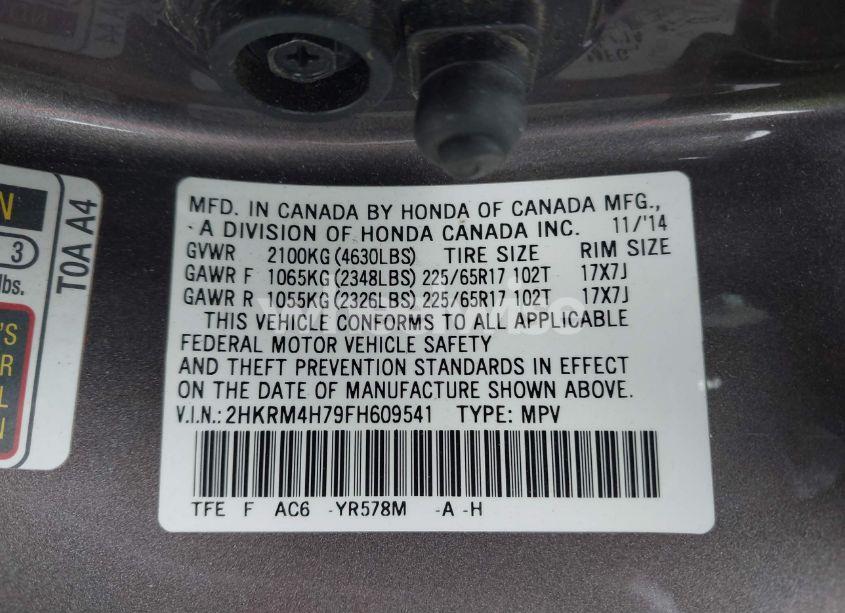 Photo 9 of 2015 Honda Cr-v EX-L (VIN 2HKRM4H79FH609541)