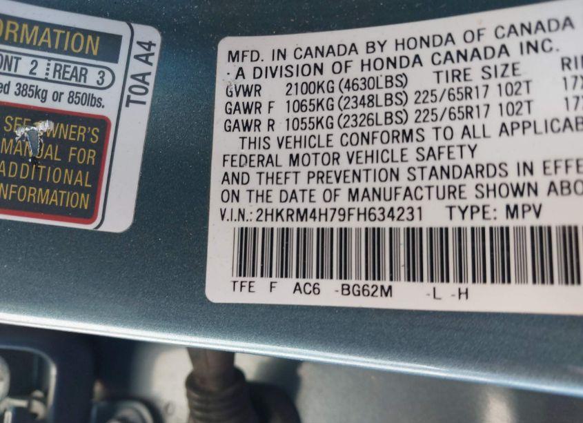 Photo 9 of 2015 Honda Cr-v EX-L (VIN 2HKRM4H79FH634231)