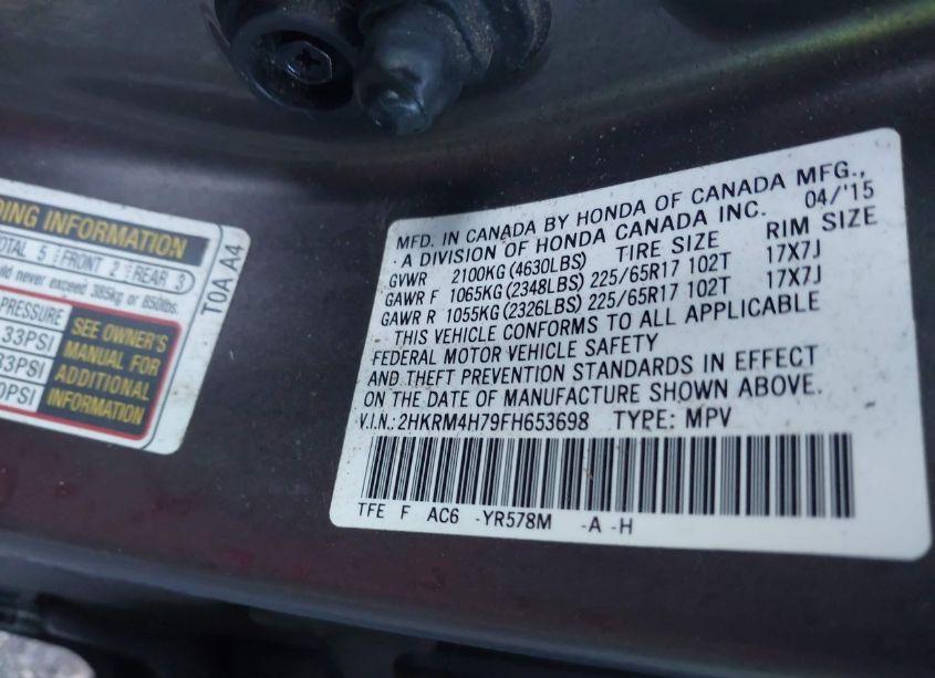 Photo 9 of 2015 Honda Cr-v EX-L (VIN 2HKRM4H79FH653698)