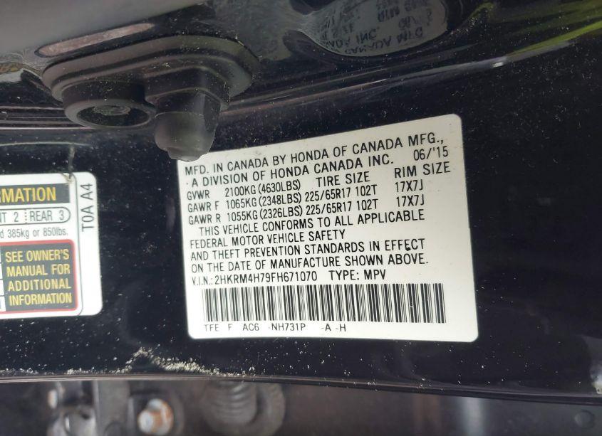 Photo 9 of 2015 Honda Cr-v EX-L (VIN 2HKRM4H79FH671070)