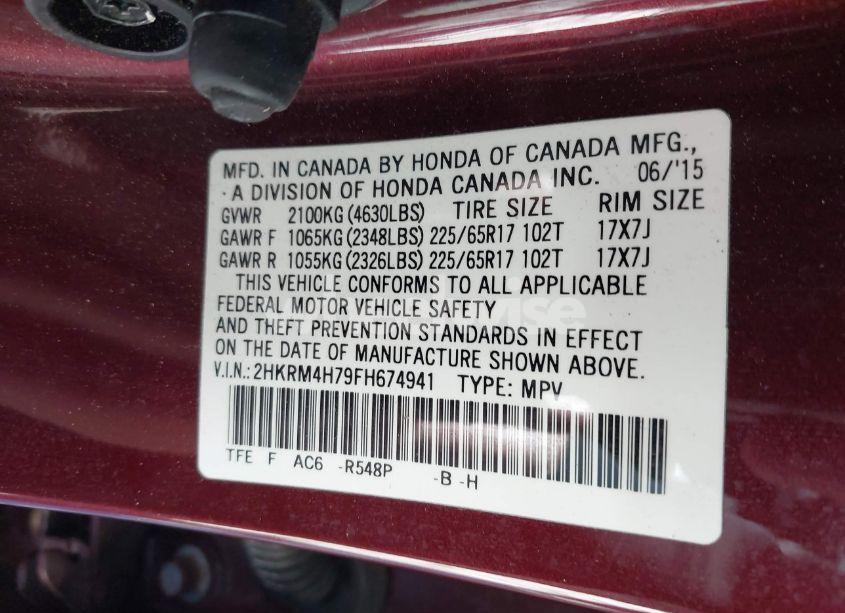 Photo 9 of 2015 Honda Cr-v EX-L (VIN 2HKRM4H79FH674941)