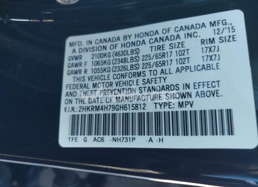 Photo 9 of 2016 Honda Cr-v EX-L (VIN 2HKRM4H79GH615812)