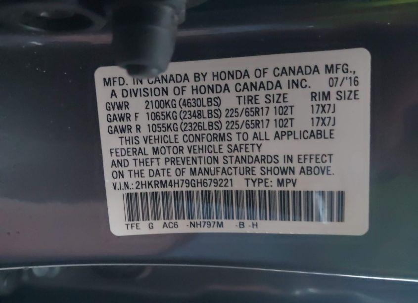 Photo 9 of 2016 Honda Cr-v EX-L (VIN 2HKRM4H79GH679221)