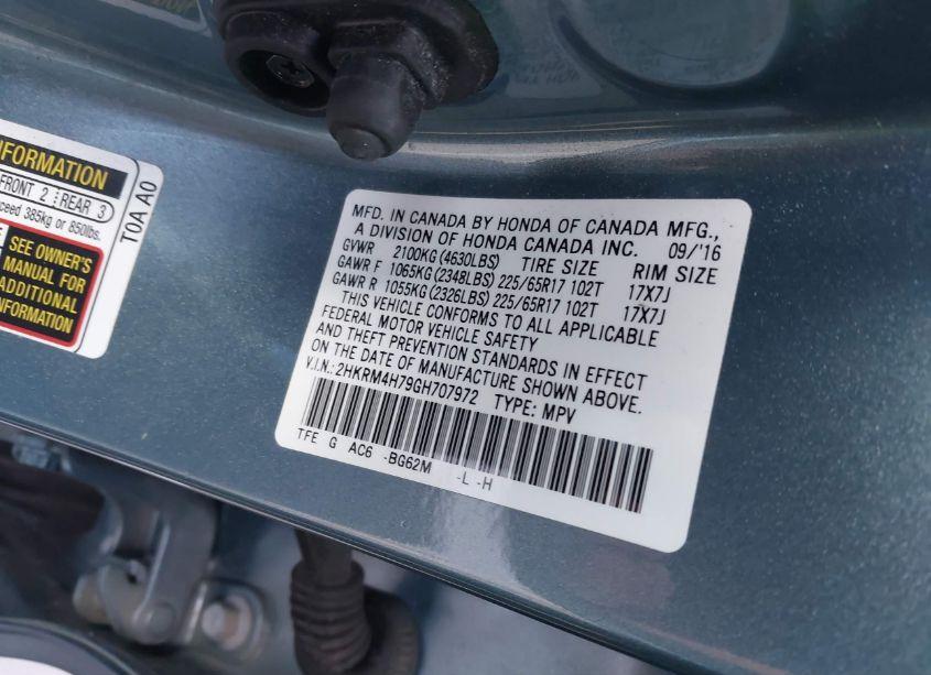 Photo 9 of 2016 Honda Cr-v EX-L (VIN 2HKRM4H79GH707972)