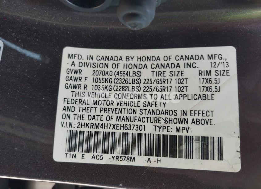 Photo 9 of 2014 Honda Cr-v EX-L (VIN 2HKRM4H7XEH637301)