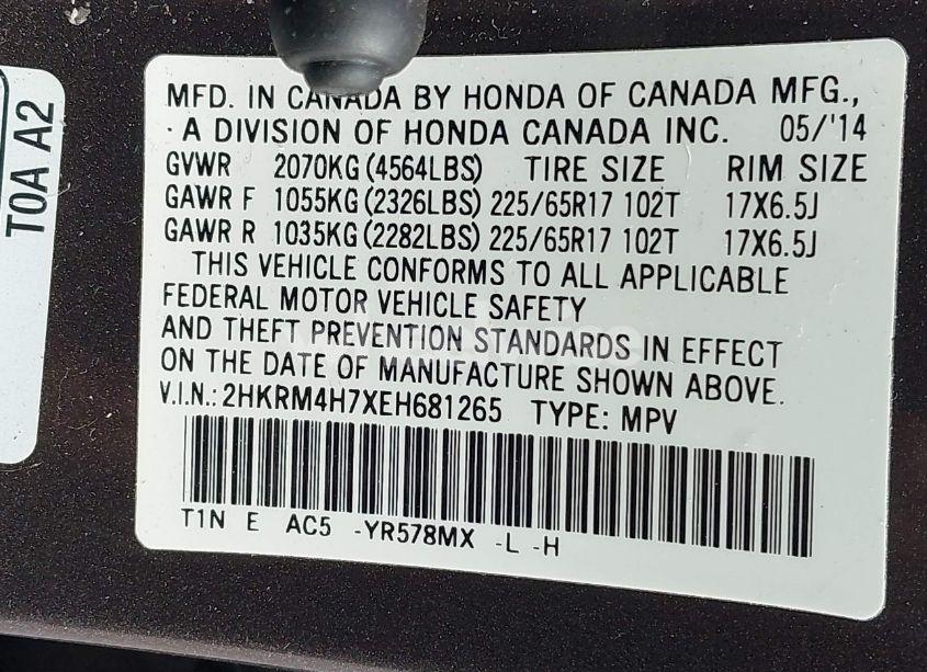Photo 9 of 2014 Honda Cr-v EX-L (VIN 2HKRM4H7XEH681265)