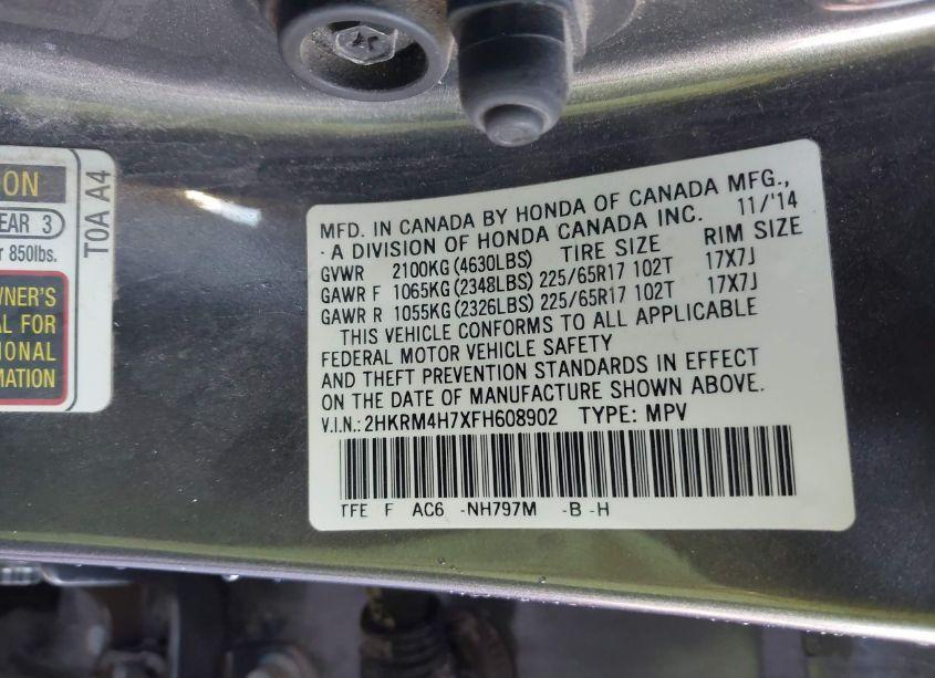 Photo 9 of 2015 Honda Cr-v EX-L (VIN 2HKRM4H7XFH608902)