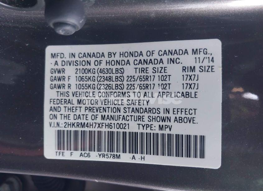 Photo 9 of 2015 Honda Cr-v EX-L (VIN 2HKRM4H7XFH610021)