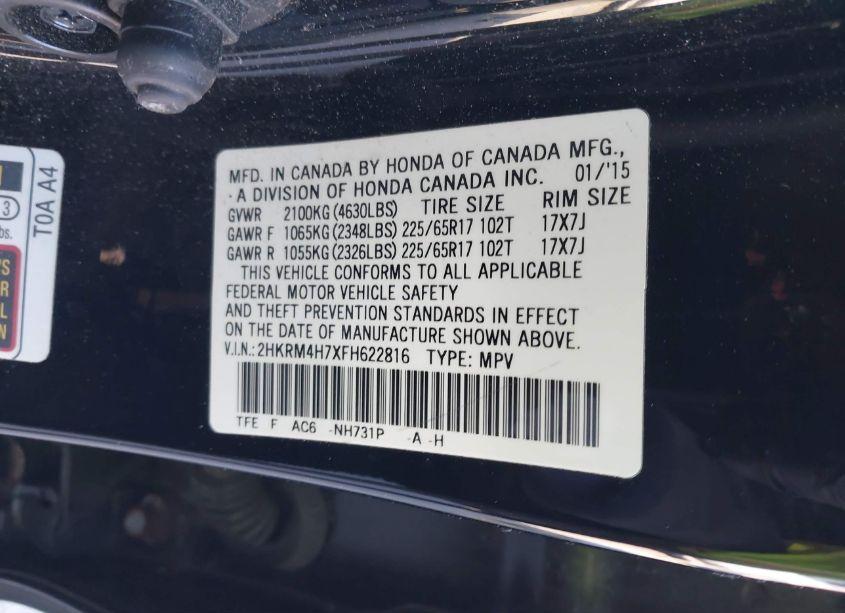 Photo 9 of 2015 Honda Cr-v EX-L (VIN 2HKRM4H7XFH622816)