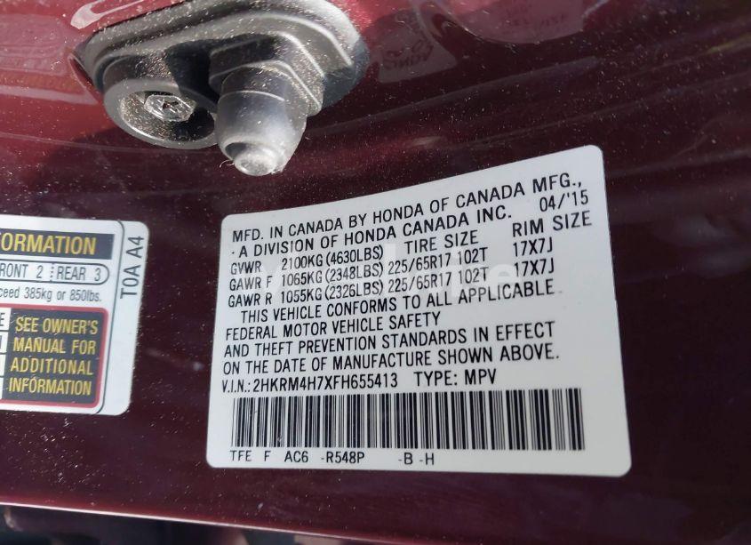 Photo 9 of 2015 Honda Cr-v EX-L (VIN 2HKRM4H7XFH655413)