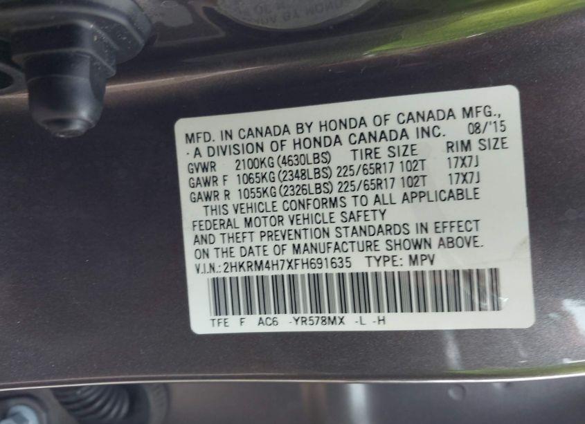 Photo 9 of 2015 Honda Cr-v EX-L (VIN 2HKRM4H7XFH691635)