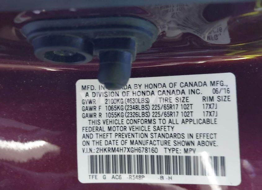 Photo 9 of 2016 Honda Cr-v EX-L (VIN 2HKRM4H7XGH678160)