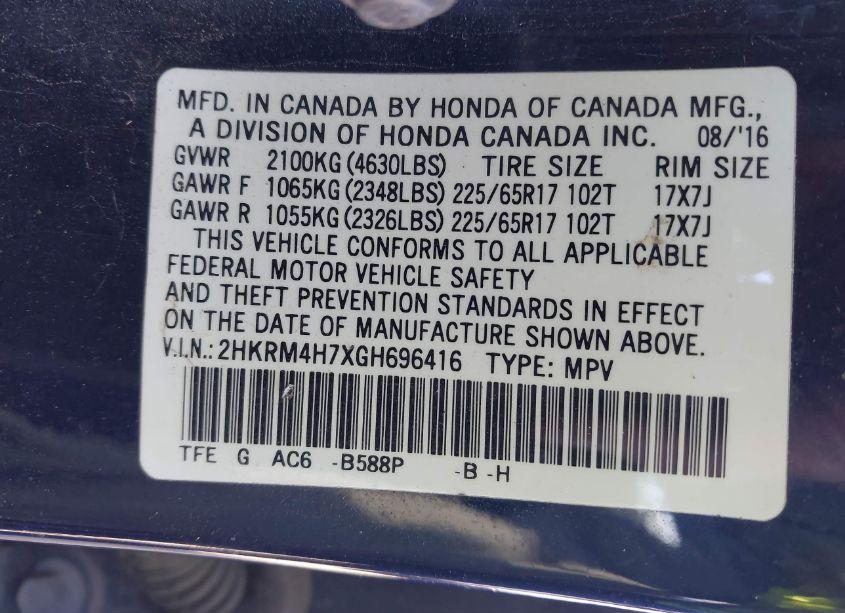 Photo 9 of 2016 Honda Cr-v EX-L (VIN 2HKRM4H7XGH696416)