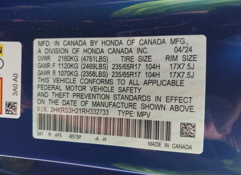 Photo 9 of 2024 Honda Cr-v LX 2WD (VIN 2HKRS3H21RH332733)