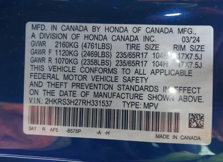 Photo 9 of 2024 Honda Cr-v LX 2WD (VIN 2HKRS3H27RH331537)