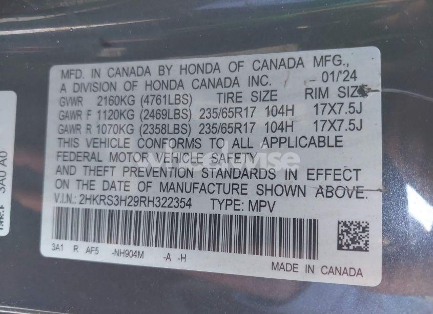 Photo 9 of 2024 Honda Cr-v LX 2WD (VIN 2HKRS3H29RH322354)