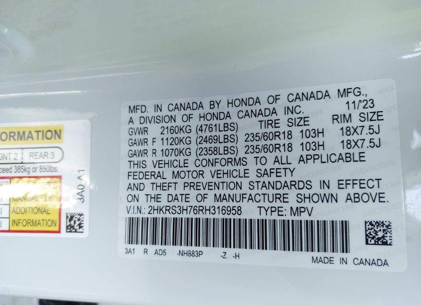 Photo 9 of 2024 Honda Cr-v EX-L 2WD (VIN 2HKRS3H76RH316958)