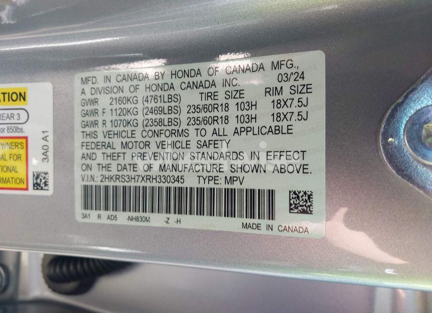 Photo 9 of 2024 Honda Cr-v EX-L 2WD (VIN 2HKRS3H7XRH330345)