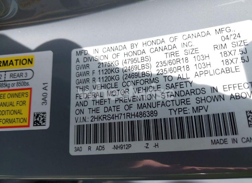 Photo 9 of 2024 Honda Cr-v EX-L AWD (VIN 2HKRS4H71RH486389)
