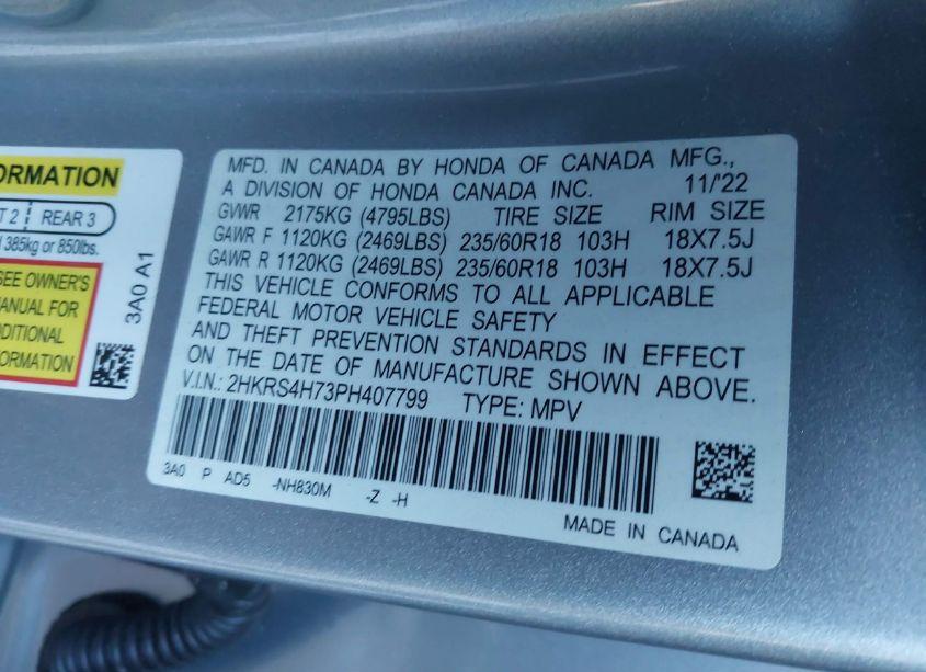 Photo 9 of 2023 Honda Cr-v EX-L AWD (VIN 2HKRS4H73PH407799)