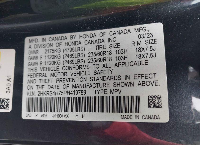 Photo 9 of 2023 Honda Cr-v EX-L AWD (VIN 2HKRS4H75PH419789)