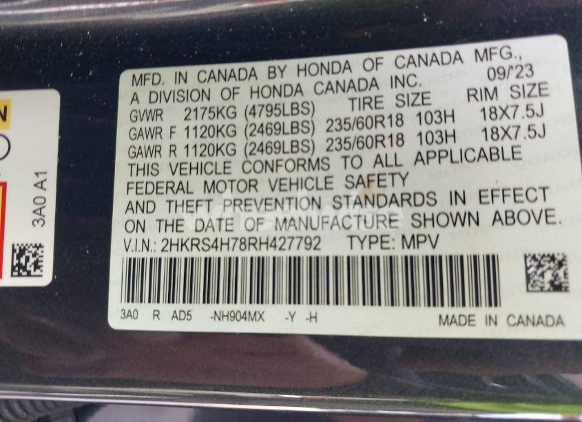 Photo 9 of 2024 Honda Cr-v EX-L AWD (VIN 2HKRS4H78RH427792)