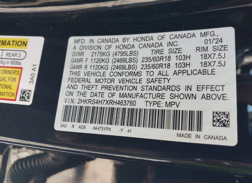 Photo 9 of 2024 Honda Cr-v EX-L AWD (VIN 2HKRS4H7XRH463760)