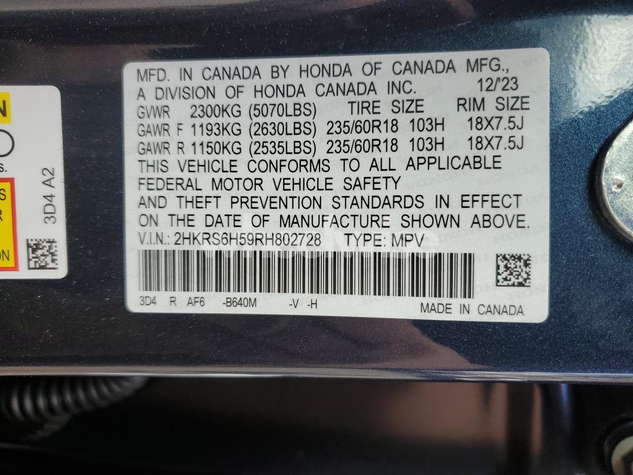 Photo 14 of 2024 HONDA CR-V SPORT (VIN 2HKRS6H59RH802728)