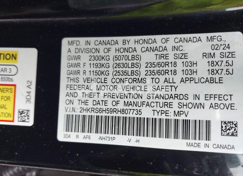 Photo 9 of 2024 Honda Cr-v HYBRID SPORT (VIN 2HKRS6H59RH807735)