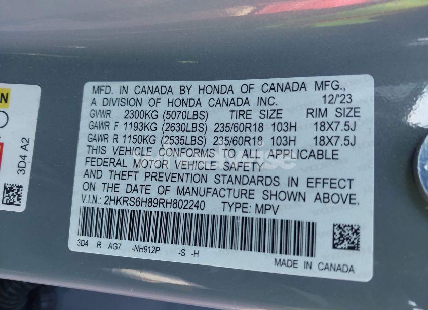 Photo 9 of 2024 Honda Cr-v HYBRID SPORT-L (VIN 2HKRS6H89RH802240)