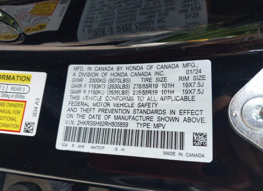 Photo 9 of 2024 Honda Cr-v HYBRID SPORT TOURING (VIN 2HKRS6H92RH805859)