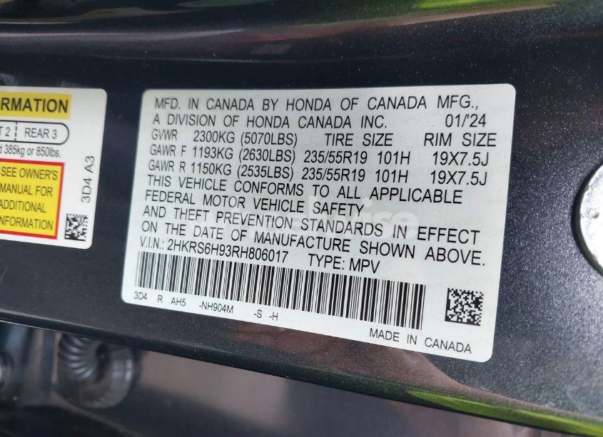 Photo 9 of 2024 Honda Cr-v HYBRID SPORT TOURING (VIN 2HKRS6H93RH806017)