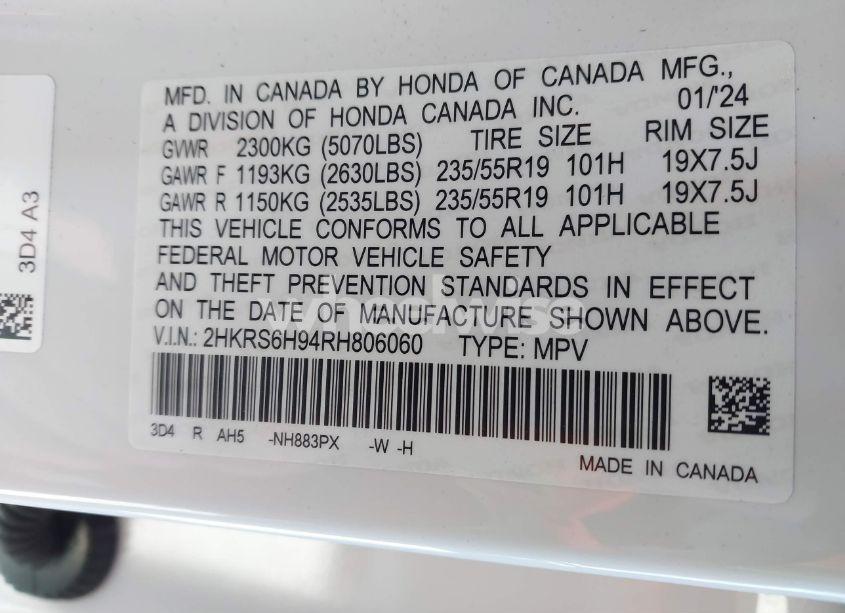 Photo 9 of 2024 Honda Cr-v HYBRID SPORT TOURING (VIN 2HKRS6H94RH806060)