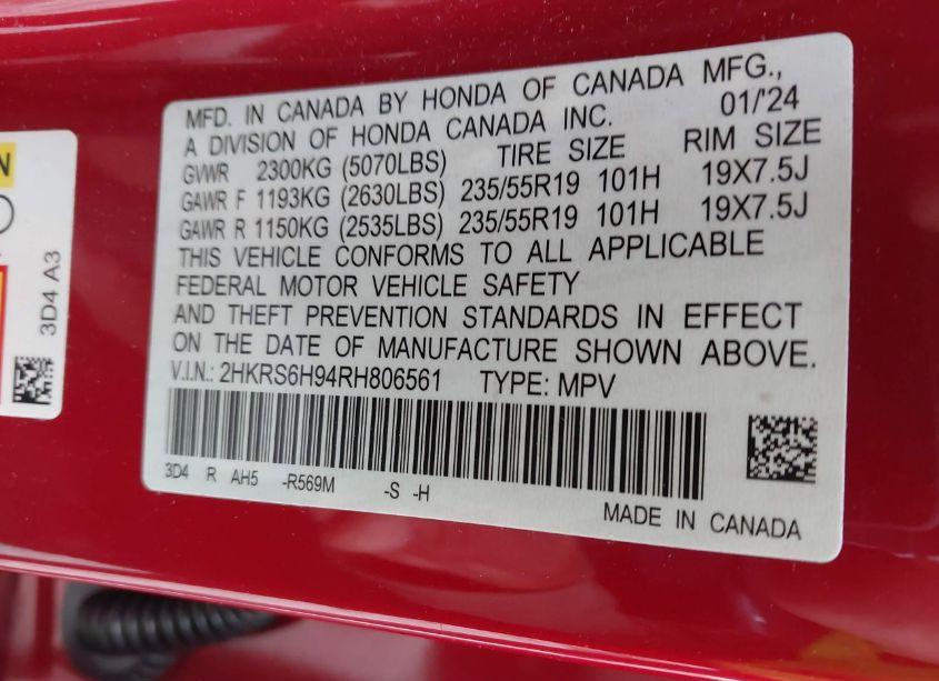 Photo 9 of 2024 Honda Cr-v HYBRID SPORT TOURING (VIN 2HKRS6H94RH806561)