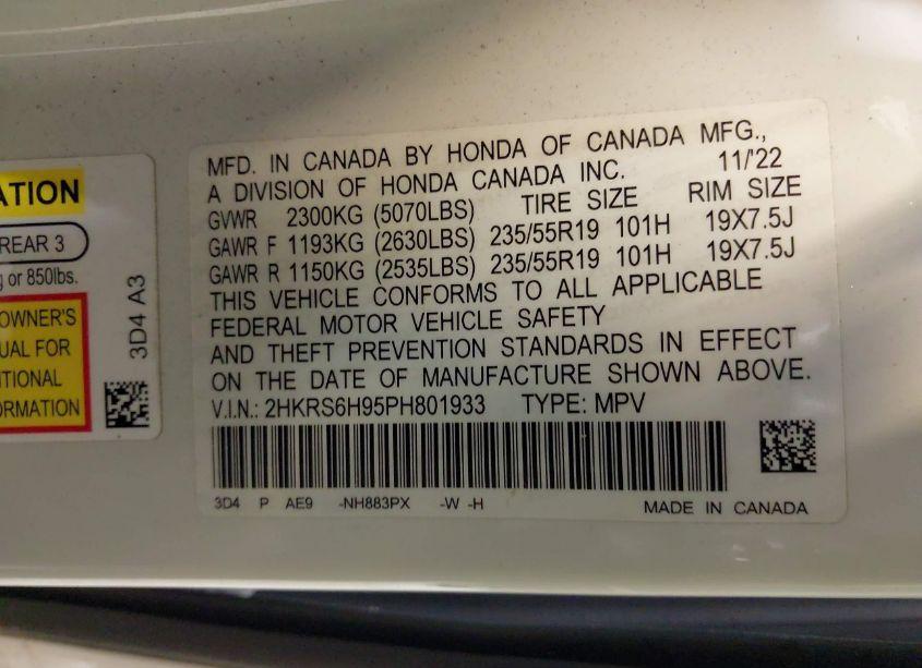 Photo 9 of 2023 Honda Cr-v HYBRID SPORT TOURING (VIN 2HKRS6H95PH801933)