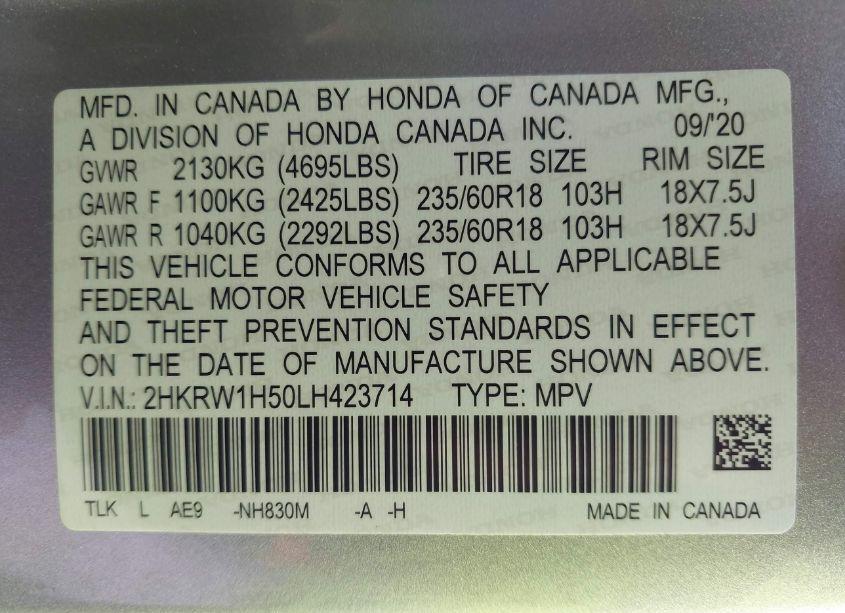 Photo 9 of 2020 Honda Cr-v 2WD EX (VIN 2HKRW1H50LH423714)