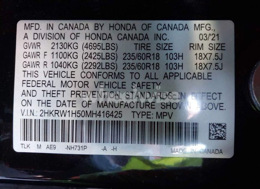 Photo 9 of 2021 Honda Cr-v 2WD EX (VIN 2HKRW1H50MH416425)