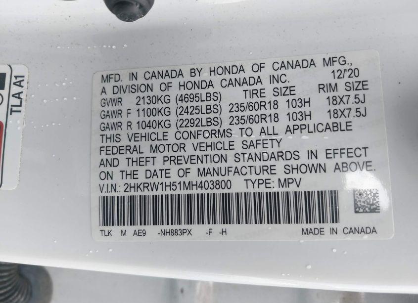 Photo 9 of 2021 Honda Cr-v 2WD EX (VIN 2HKRW1H51MH403800)