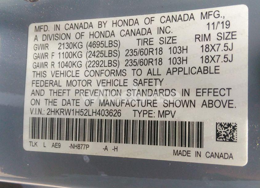 Photo 9 of 2020 Honda Cr-v 2WD EX (VIN 2HKRW1H52LH403626)