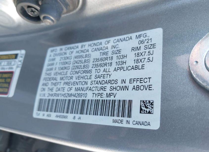 Photo 9 of 2021 Honda Cr-v 2WD EX (VIN 2HKRW1H52MH426910)