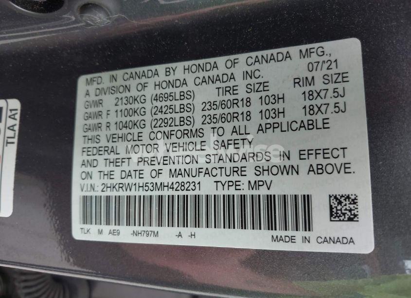 Photo 9 of 2021 Honda Cr-v 2WD EX (VIN 2HKRW1H53MH428231)