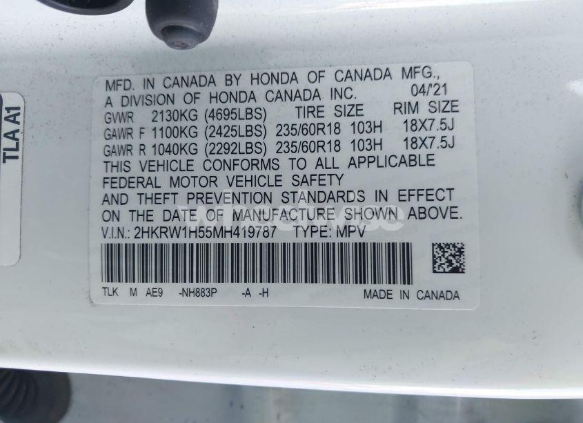 Photo 9 of 2021 Honda Cr-v 2WD EX (VIN 2HKRW1H55MH419787)