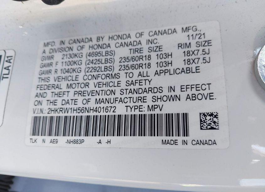 Photo 9 of 2022 Honda Cr-v 2WD EX (VIN 2HKRW1H56NH401672)