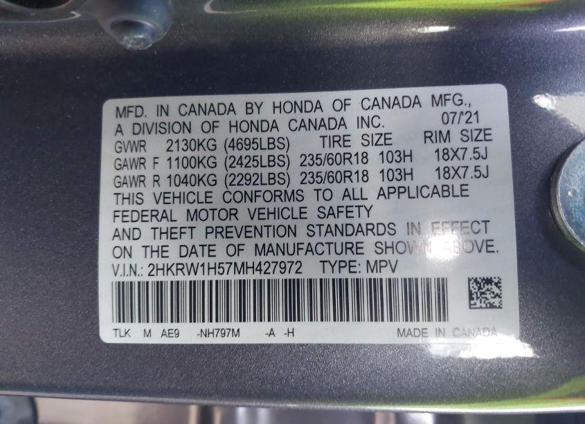 Photo 9 of 2021 Honda Cr-v 2WD EX (VIN 2HKRW1H57MH427972)