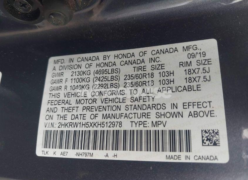 Photo 9 of 2019 Honda Cr-v EX (VIN 2HKRW1H5XKH512978)